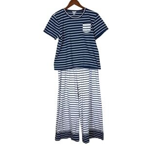 LAKE Womens Pima Cotton Pajama Set Medium Navy Striped Wide Leg Crop Pants Soft